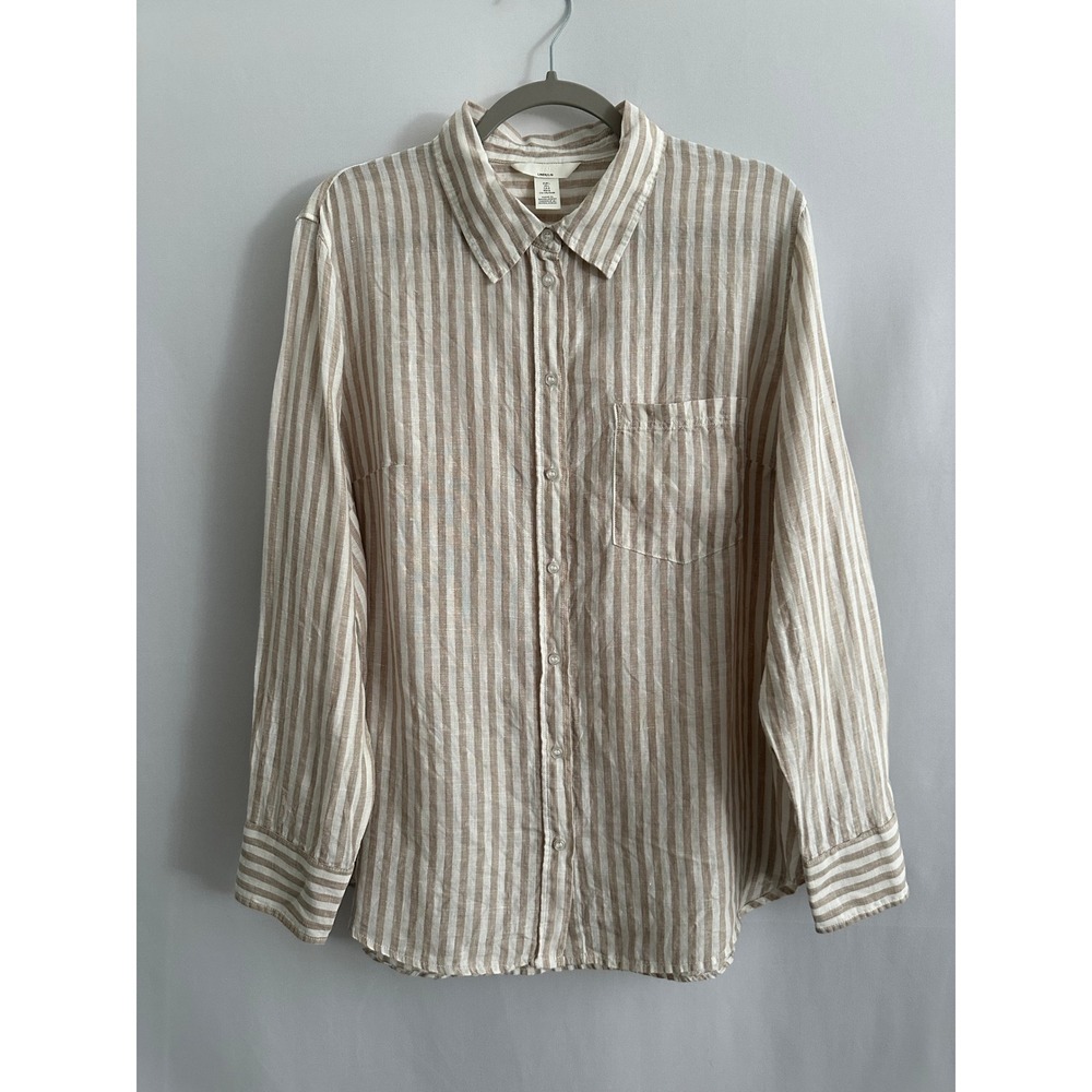 H&M 100% Linen Button‎ Up Shirt Womens Large Beige White Striped Coastal Boho